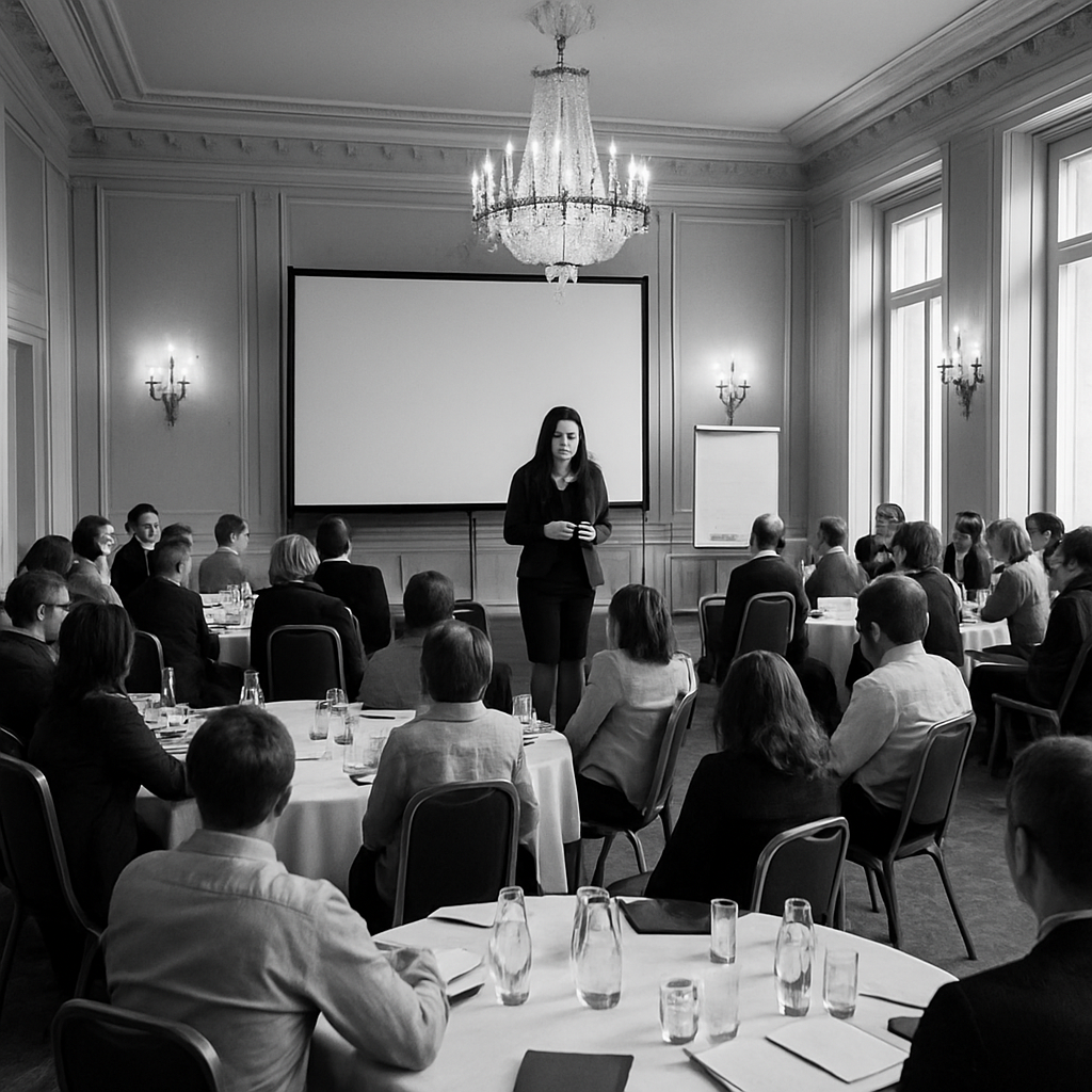photographic professional workshop held at expensive officers1 female speaker brunette hair30 Guests sitting in roundtablesblack and white image-1