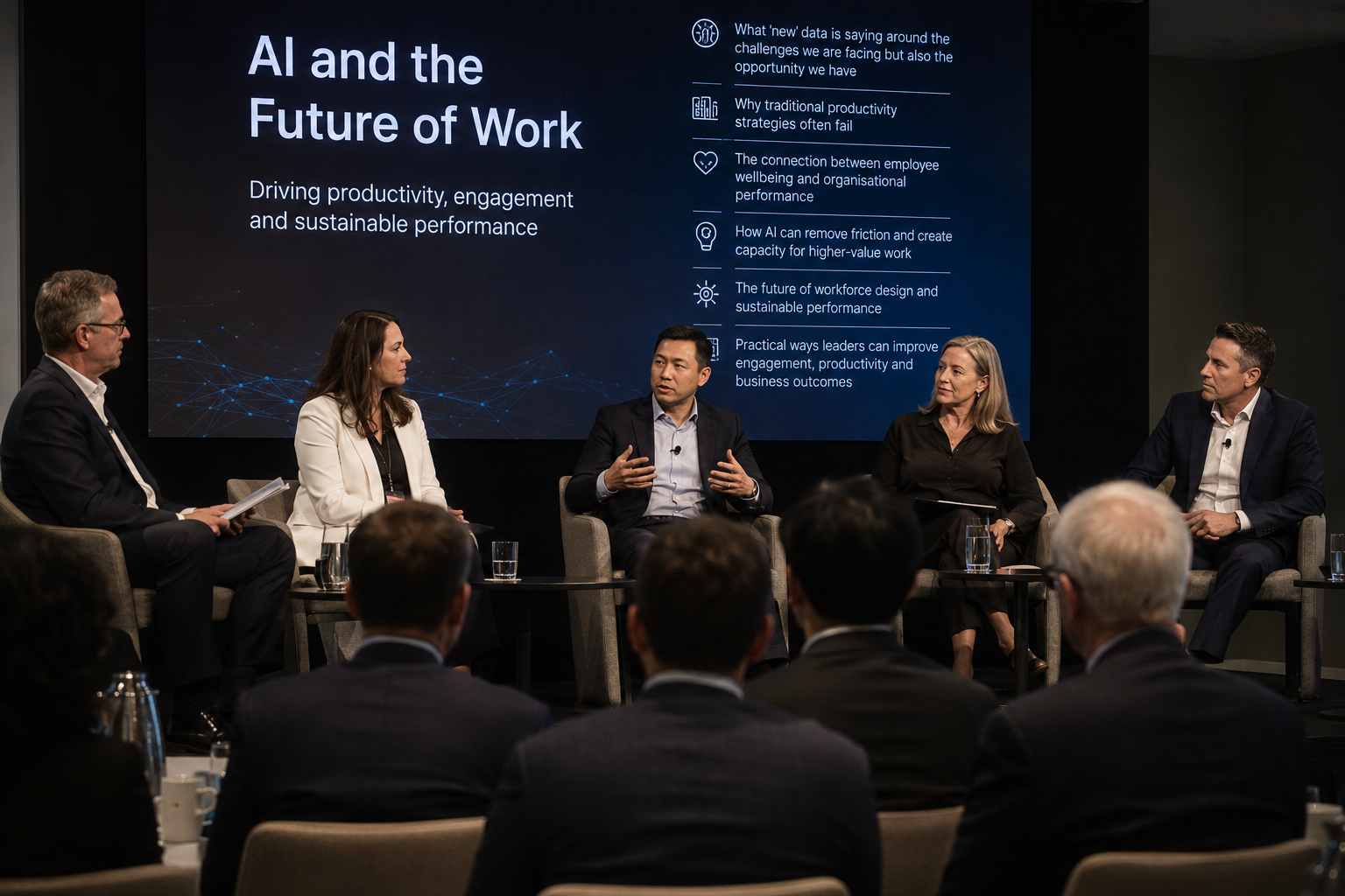 Senior executives participate in a panel discussion on AI and the future of work